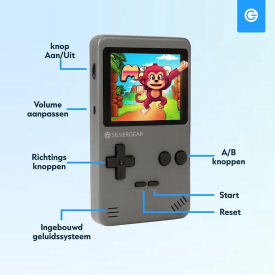 Silvergear Mini Console de jeu d'arcade rétro - Gris - Écran 2,8 pouces - 240 jeux
