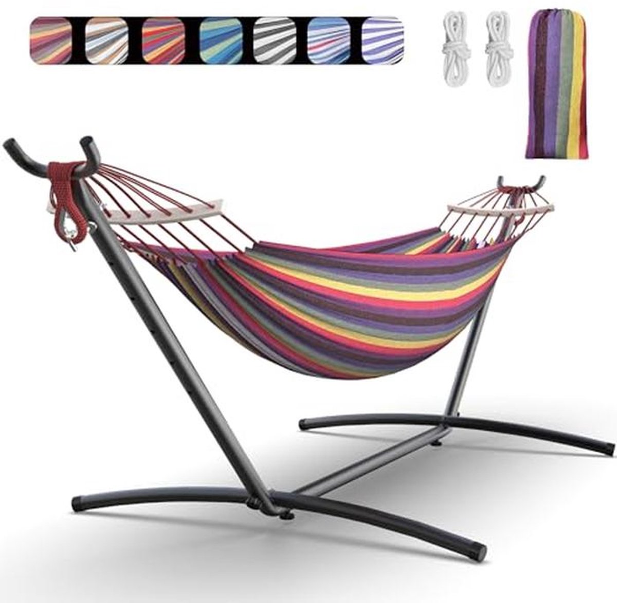 Dubbele hangmat - Met standaard - Buiten ontspannen - Anti-rollover ontwerp - 600 lbs capaciteit - Regenboog