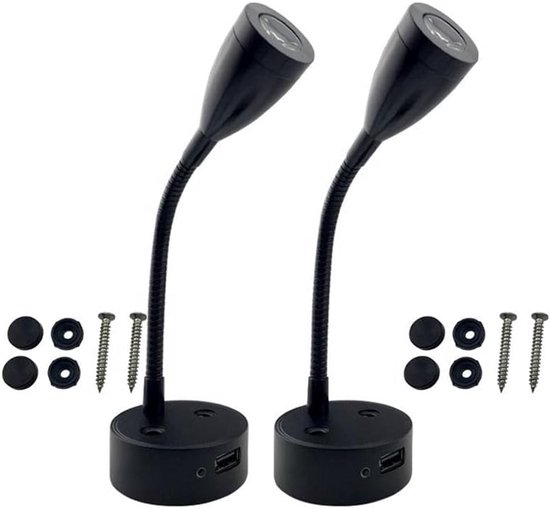Dimbare leeslamp van 12 V, geschikt voor campers en boten, set van 2, LED-wandlamp met zwanenhals, 24 V 3000 K, zwart, met USB-interface, geschikt voor campers, busjes, auto's en vrachtwagens.