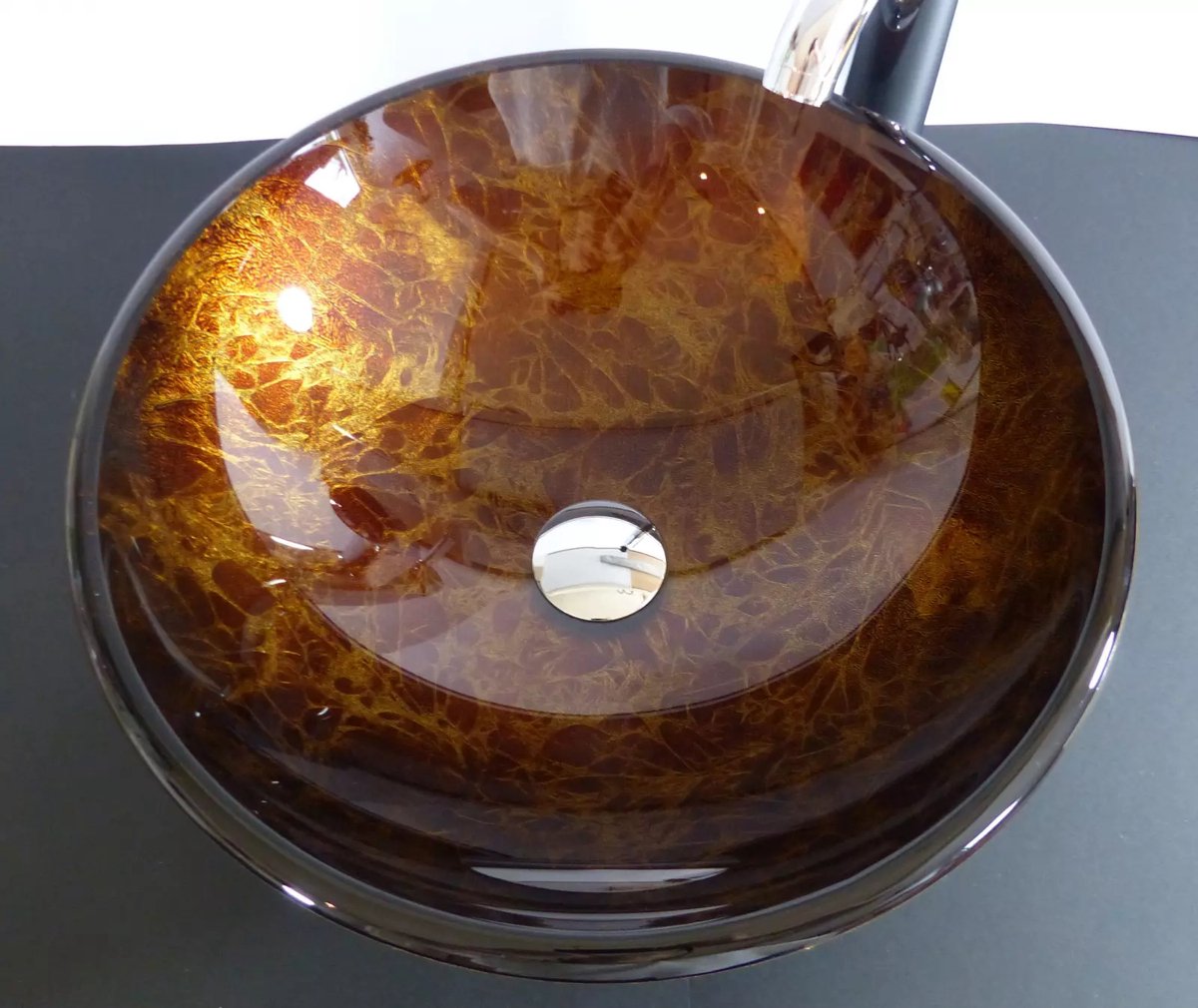 Antieke Gouden Glazen Wasbak opzet bruin goud 42 cm doorsnede