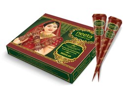 Neeta 12 pack 100% natuurlijke hennapasta haarverf kegels roodbruine kleur - Langdurig en chemicaliënvrij | Gebruiksklare tubes voor spot haarkleuring en body art met Kajal Sticker