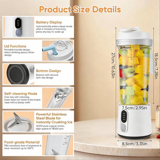 Blender - Portable Blender - Draagbare Blender - Draagbare Blender Usboplaadbaar - 500 Ml Persoonlijke Sapcentrifuge Voor Sport Met Lekvrije Reisdeksel - Voor Keuken, Kantoor En Sportschool - Bpa-Vrij van Merkloos — afbeelding 3