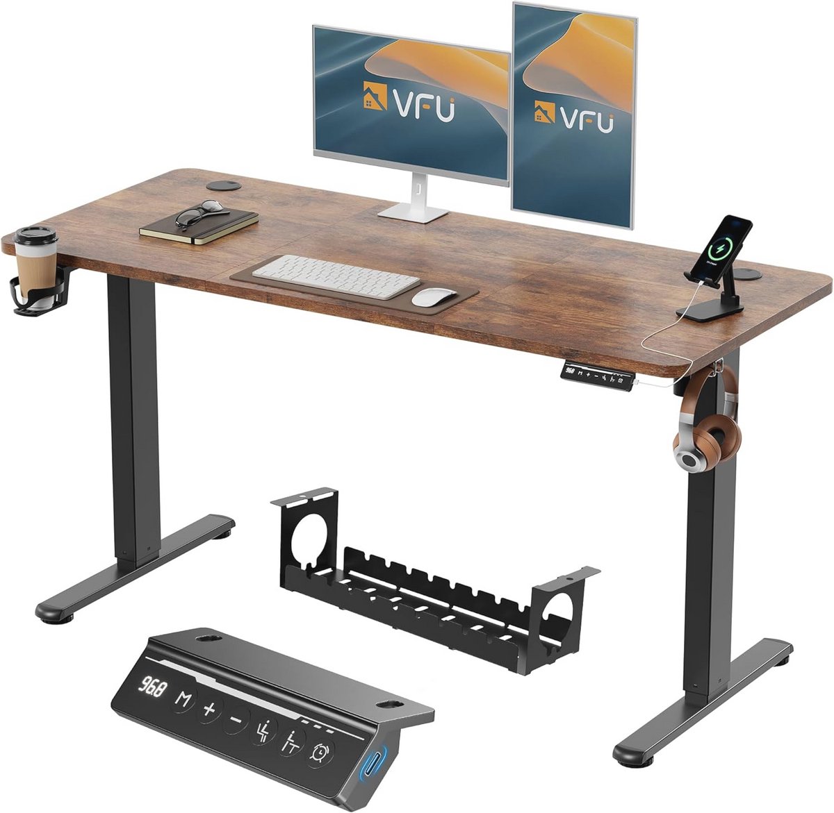 Verstelbaar Bureau met USB-C Oplaadpunt - Elektrisch Bureau met Geheugenfunctie - Hoogte Verstelbare Computer Tafel - Bruin