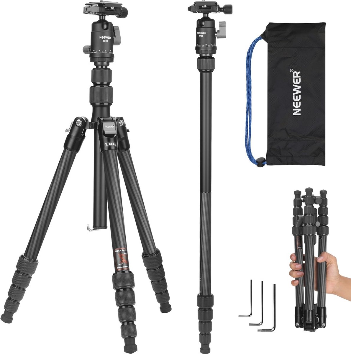 Draagbare Carbon Fiber Camera Tripod - Lichtgewicht 65 inch Reisstatief voor DSLR & Video