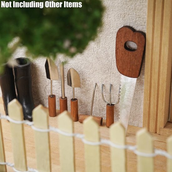 Miniatuur tuinbouw gereedschappen 1/12 - 6 stuks inclusief kettingzaag, onkruidtrekker, schoffels en harken - Metaal en hout voor diorama en poppenhuis — afbeelding 2