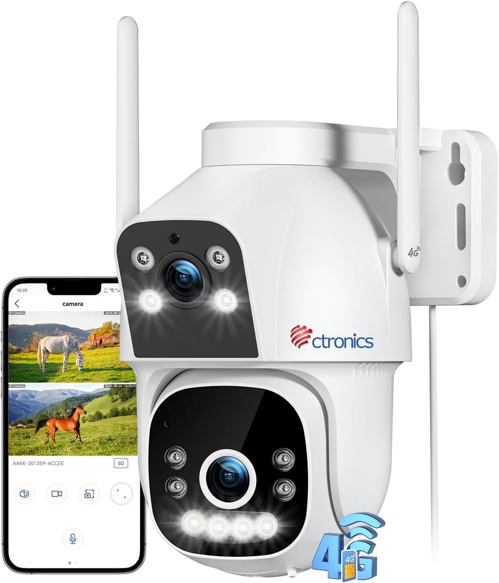 4G LTE bewakingscamera met simkaart voor buiten - Dubbele lenskoppeling, PTZ-camera, Outdoor, 4G, KI-detectie, 25 m nachtzicht, 2-weg audio, simkaart bevat alarm/PC/24 x 7/IP66