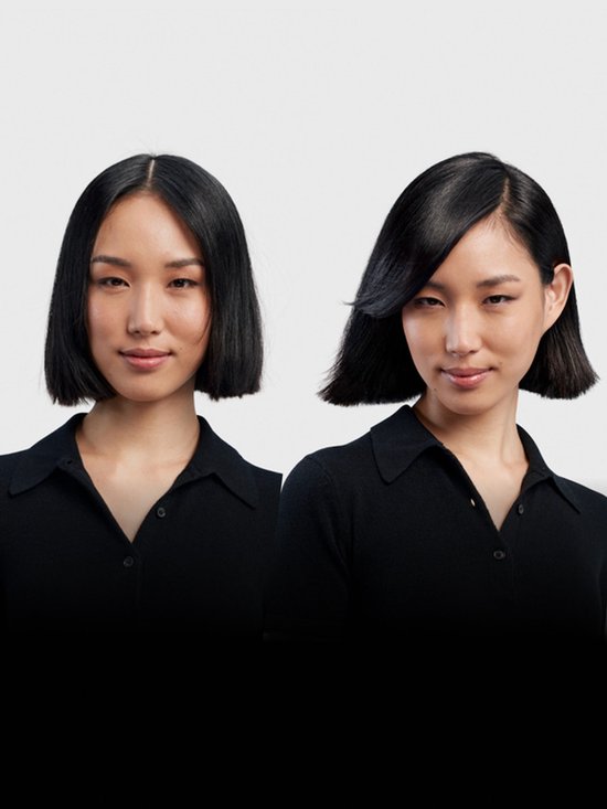 Voor en na: vrouw met kort zwart haar krijgt volume en een zijscheiding met Dyson Airwrap.