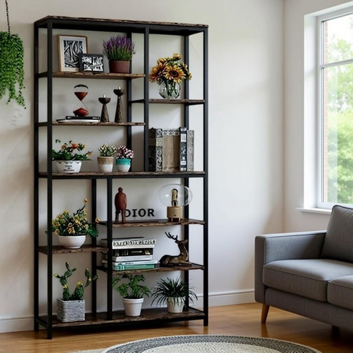 Boekenkast Modern – 201 cm Hoge 8-Laagse Open Boekenkast / Etagère – Vrijstaande Staggered Shelving Unit voor Woonkamer, Slaapkamer of Kantoor – Hout & Metaal – House&Garden