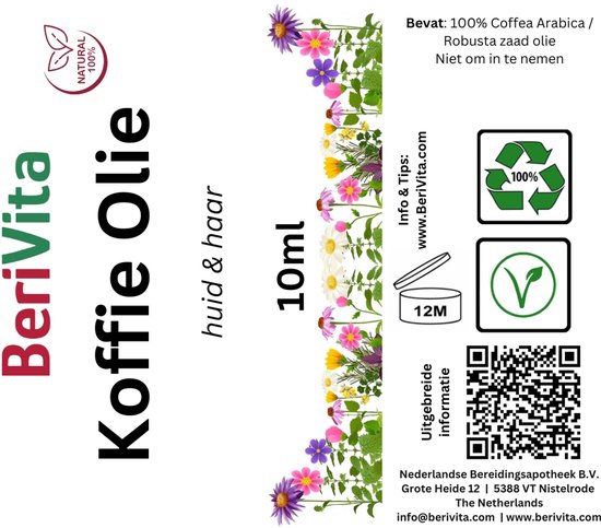 Label voor Brivita Koffie Olie: 100% natuurlijke koffieolie voor huid & haar, 10ml, met bloemenrand.
