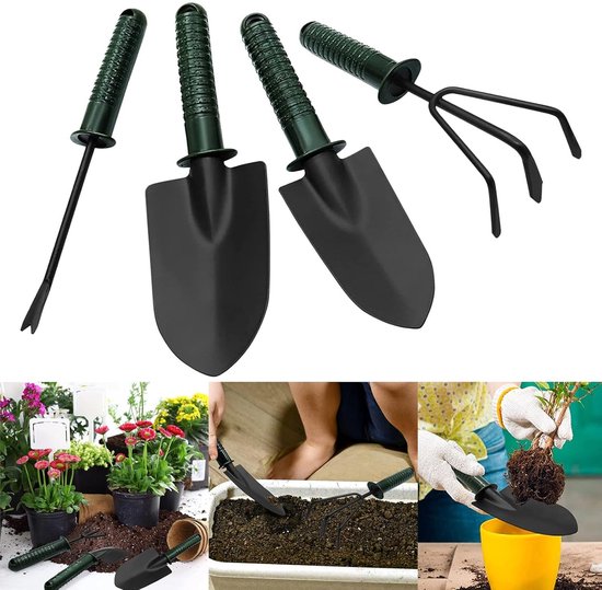 4-delige tuingereedschapset - Tuingereedschapset - Tuinschep - Plantgereedschap - Inclusief een handschep, plantenschep, onkruidverwijderaar en hark met antisliphandvat - Geschikt voor tuinen, gazons en boerderijen - Zwart — afbeelding 3