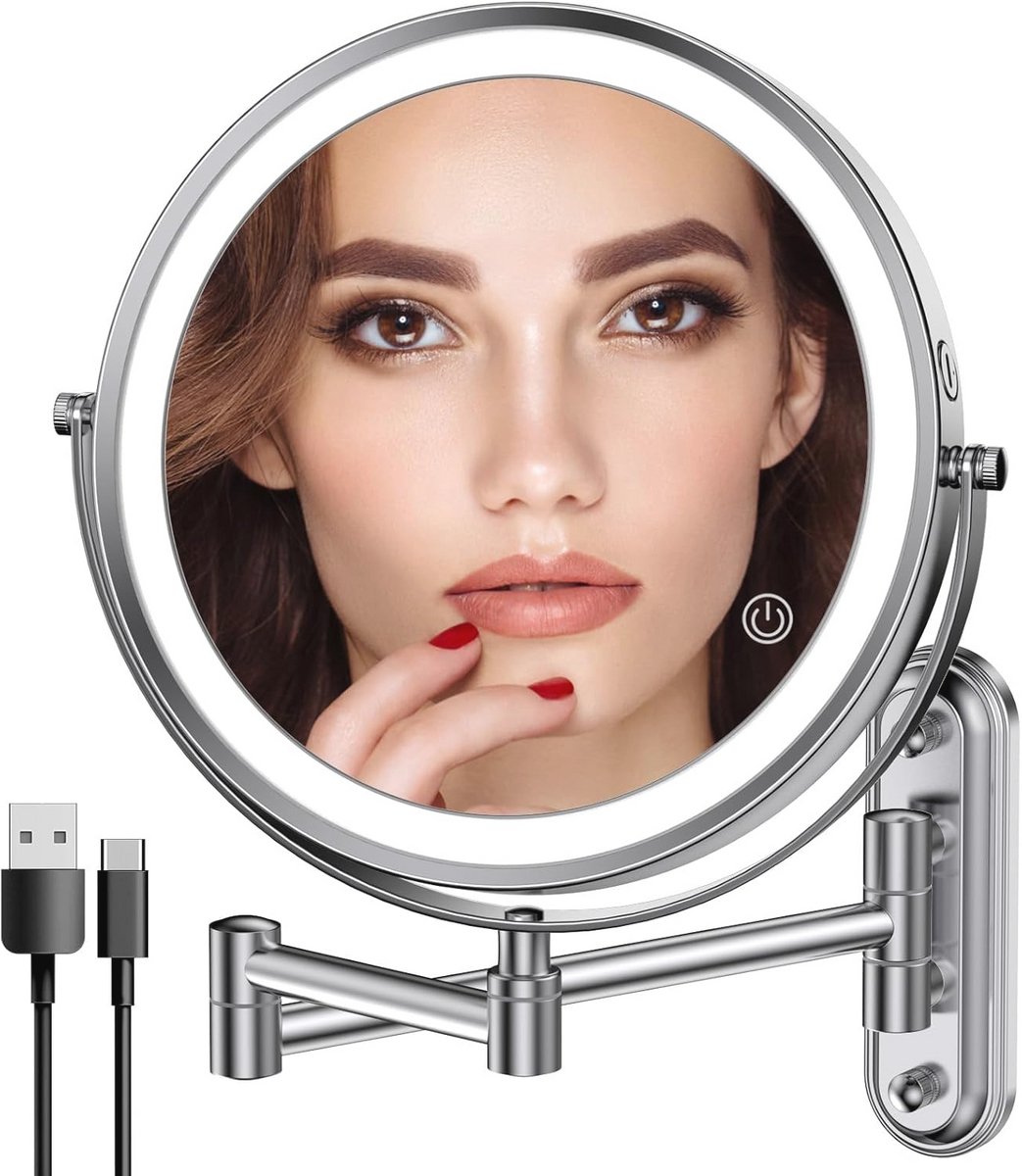 Dimbare wandgemonteerde make-up spiegel met 1X/10X vergroting en touchscreen