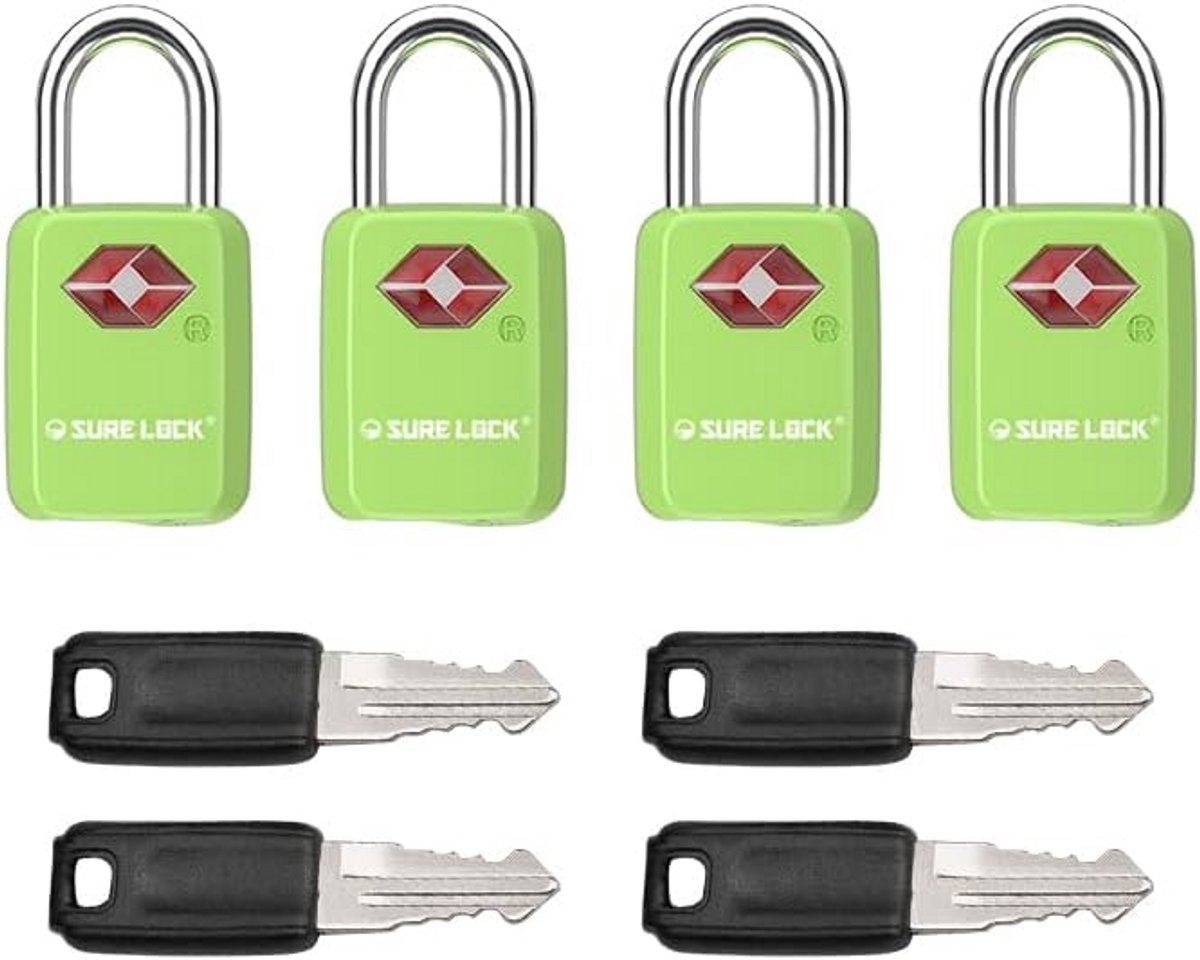 TSA-goedgekeurde bagagesloten – one-key systeem, compact en duurzaam, zinklegering met stalen beugel, groen (4 stuks, mini-formaat)