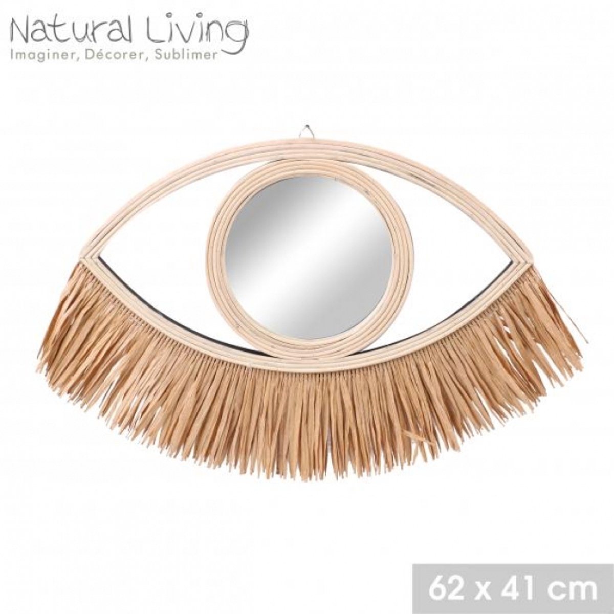 Urban Living “NATURAL LIVING” SPIEGEL ILANA VAN NATUURLIJK ROTAN MET RAFIA FRANJES 62XH41CM naturel / beige clair