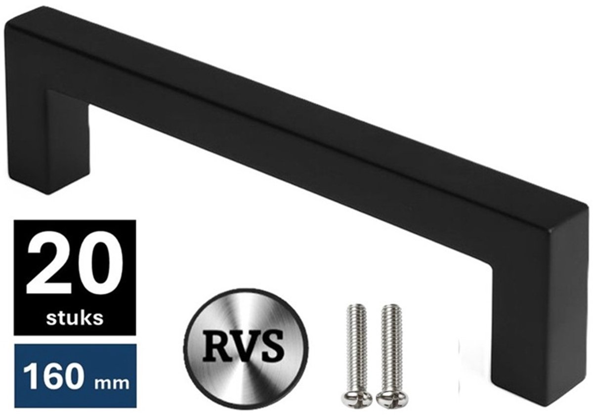20 X MSQDESIGN Handgrepen RVS zwart - Boormaat 160mm - zwarte Handgreep voor Keuken & Kast - Moderne Meubelgreep - Keukengreep Mat zwart -Kastgrepen- zwarte Greepjes Keuken - zwarte RVS Handvatten - Deurgreepjes -incl schroevene