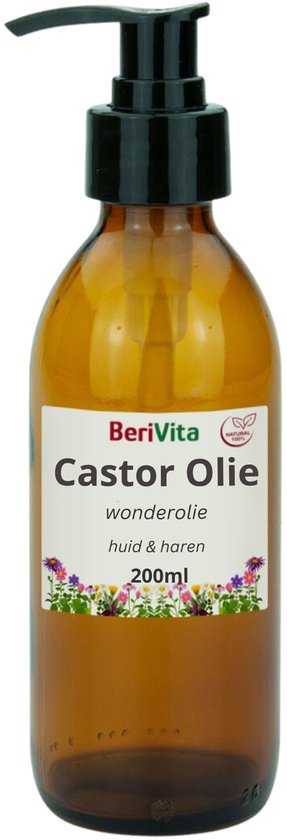 Berivita Castor Olie, wonderolie voor huid & haren, 200ml in bruine glazen fles met pomp.