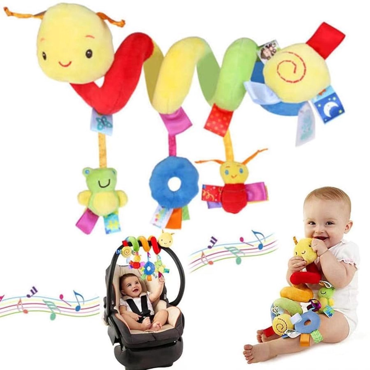 Babywagen- En Autostoelspeeltje - Caterpillar Wraparound Doll - Zintuiglijk Interactief Speelgoed Met Cartoonfiguren, Geschikt Om Op Te Hangen of Om Kinderbedjes of Kinderwagens Te Wikkelen