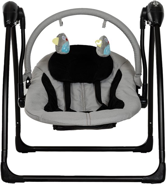 Baby schommelstoel in grijs en zwart met een boog, speelgoeduiltjes en een zwart frame.