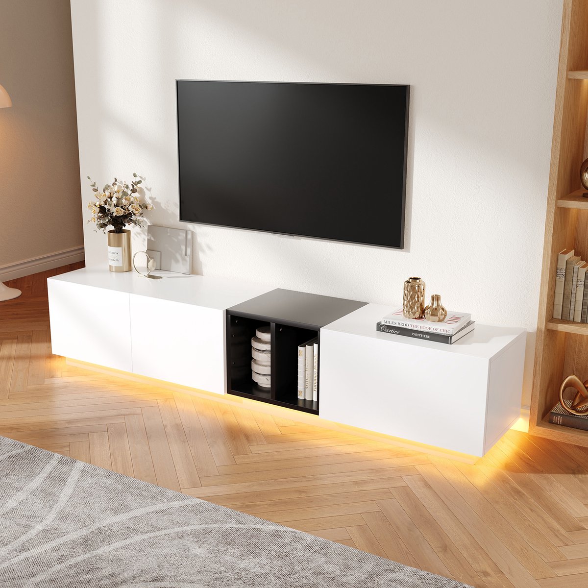 MODFU TV-meubel 190*40*35cm van MDF-hout, wit met zwart-wit contrast, met laden en open vakken, modern design