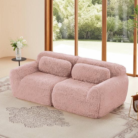 Extra large 204 cm - Canapé droit 2 places - Modulaire – Tissu Peluche – Mousse HR 32D – Excellent Soutien – Confortable et Durable – Incluant 2 Coussins de dossier - Pour 2 Personnes - Adapté à Diverses Pièces - Rose
