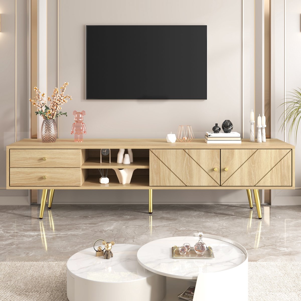 MODFU TV-meubel 160x42x36 cm van MDF en spaanplaat, modern minimalistisch met laden en goudkleurige poten