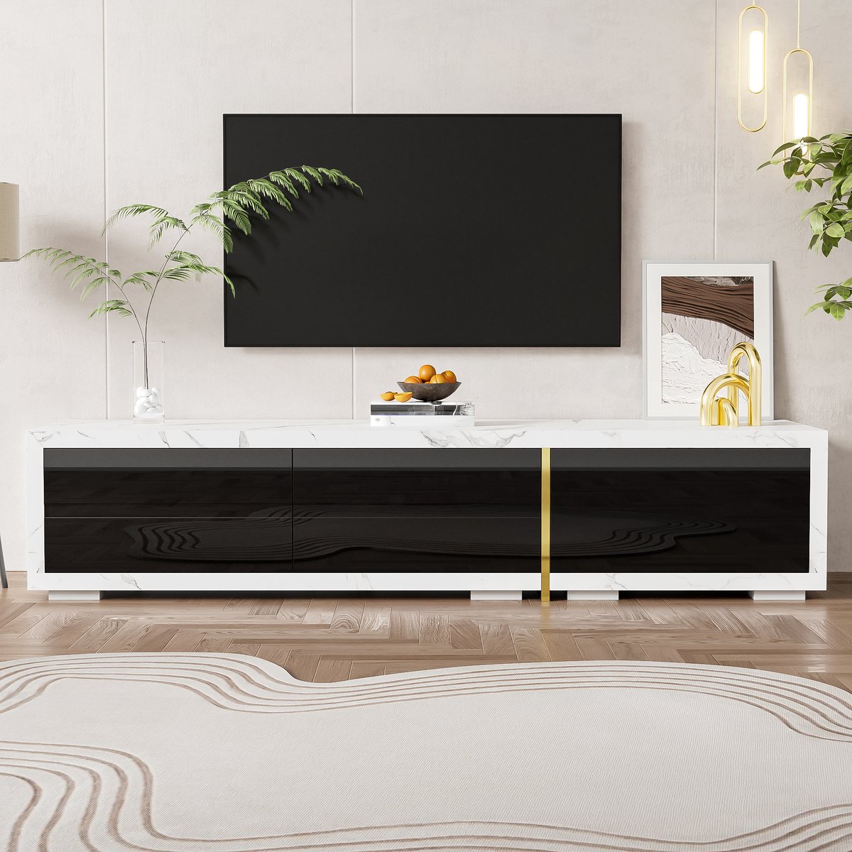 MODFU TV-meubel 140-260 cm van MDF en spaanplaat, met draaifunctie en marmerlook, met goudaccenten en veel opbergruimte, zwart/wit Zwart+wit marmer