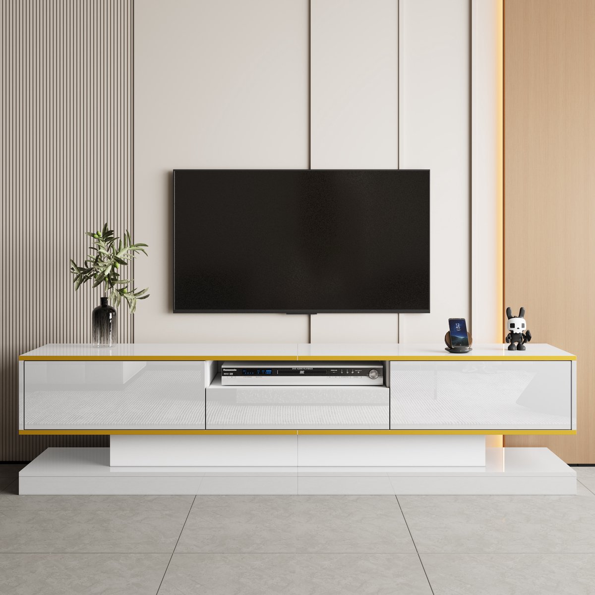 MODFU Tv-meubel – 180x38x45 cm – Wit hoogglans met gouden decor – 3 laden & kleurwisselende LED – Tv-kast met sfeerverlichting – Spaanplaat – Modern design