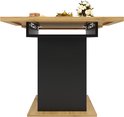 Onderkant van de uitschuifbare tafel met houten tafelblad, metalen rails en zwart onderstel.