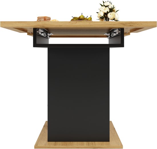 Onderkant van de uitschuifbare tafel met houten tafelblad, metalen rails en zwart onderstel.