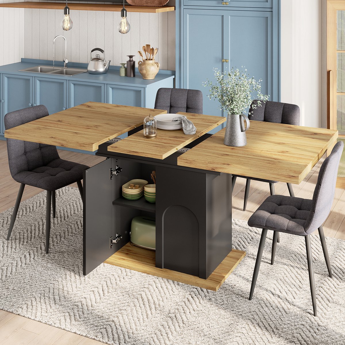 Uitschuifbare eettafel - 110-140x80 cm - keukentafel - geschikt voor 4-6 personen - voor keuken en woonkamer - tafel met opbergkast