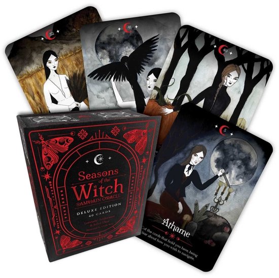 Seasons of the Witch Samhain Oracle doos met geïllustreerde kaarten met duistere, heksachtige motieven en rode accenten.