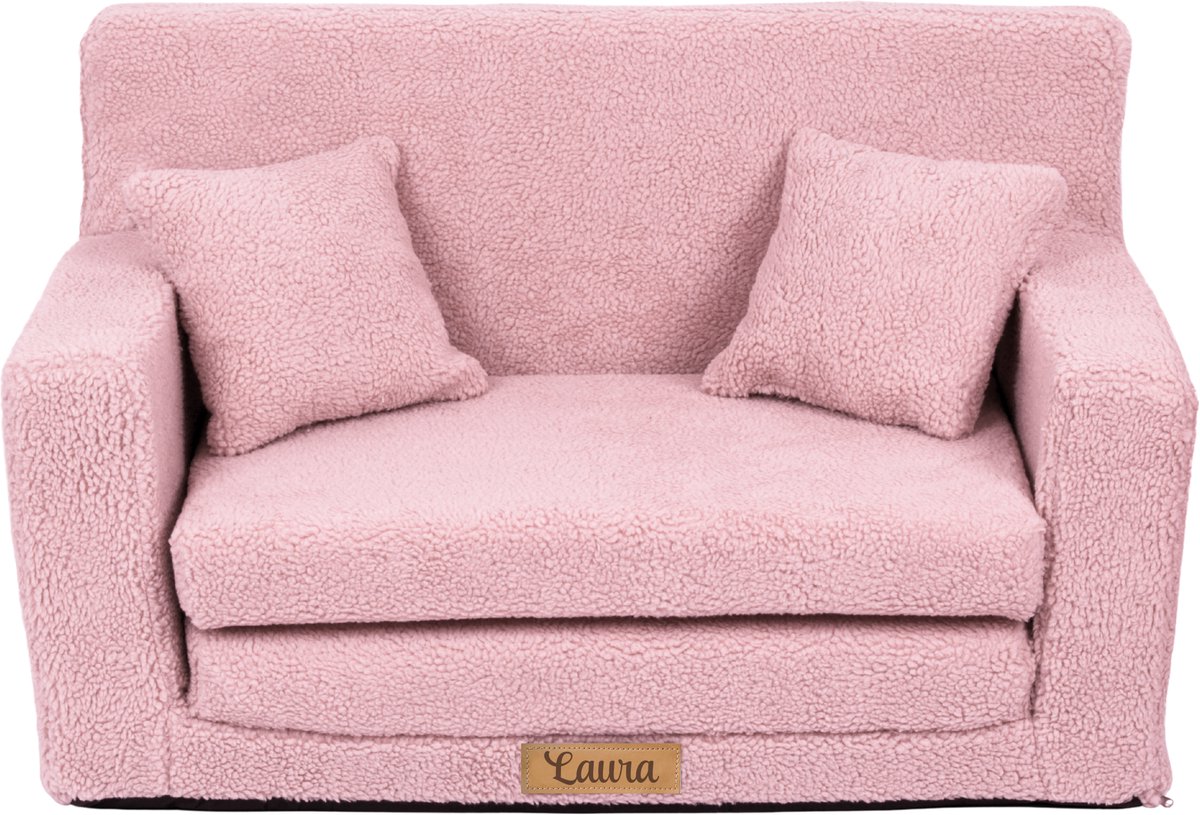 Flumi opvouwbare mini kindersofa van teddy stof – zachte kinderbank met uitklapfunctie en afneembare hoes, roze