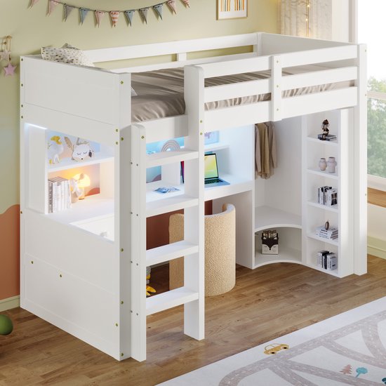 HAUSS SPOLE Lit mezzanine 90x200cm - Lit mezzanine enfant avec LED - Avec armoire intégrée et bureau - Avec 3 tiroirs et étagères de rangement - Bois de pin - Blanc - Sans matelas