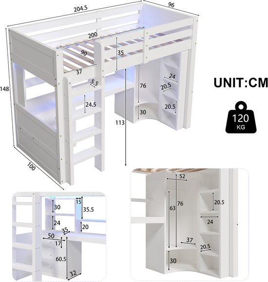 HAUSS SPOLE Lit mezzanine 90x200cm - Lit mezzanine enfant avec LED - Avec armoire intégrée et bureau - Avec 3 tiroirs et étagères de rangement - Bois de pin - Blanc - Sans matelas