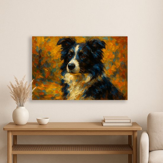 Een schilderij van een Border Collie met zwarte, witte en bruine vacht, tegen een oranje, gele en blauwe achtergrond, boven een console.