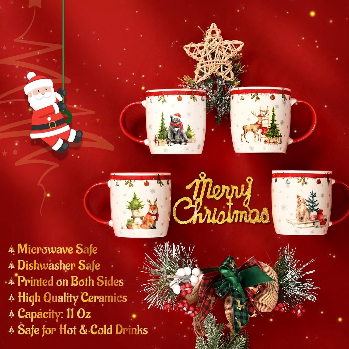 Kerstbeker Set 4-delig | 310ml | Voor Warme Chocolademelk & Glühwein | Feestelijk Design — cadeau in Kookcadeaus - foto 6