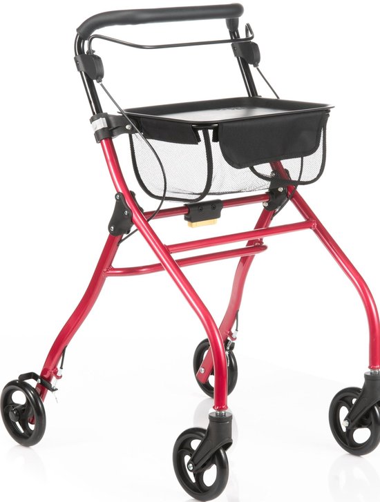 Rode rollator Plaza Indoor met dienblad, opbergnetje en handvatten.