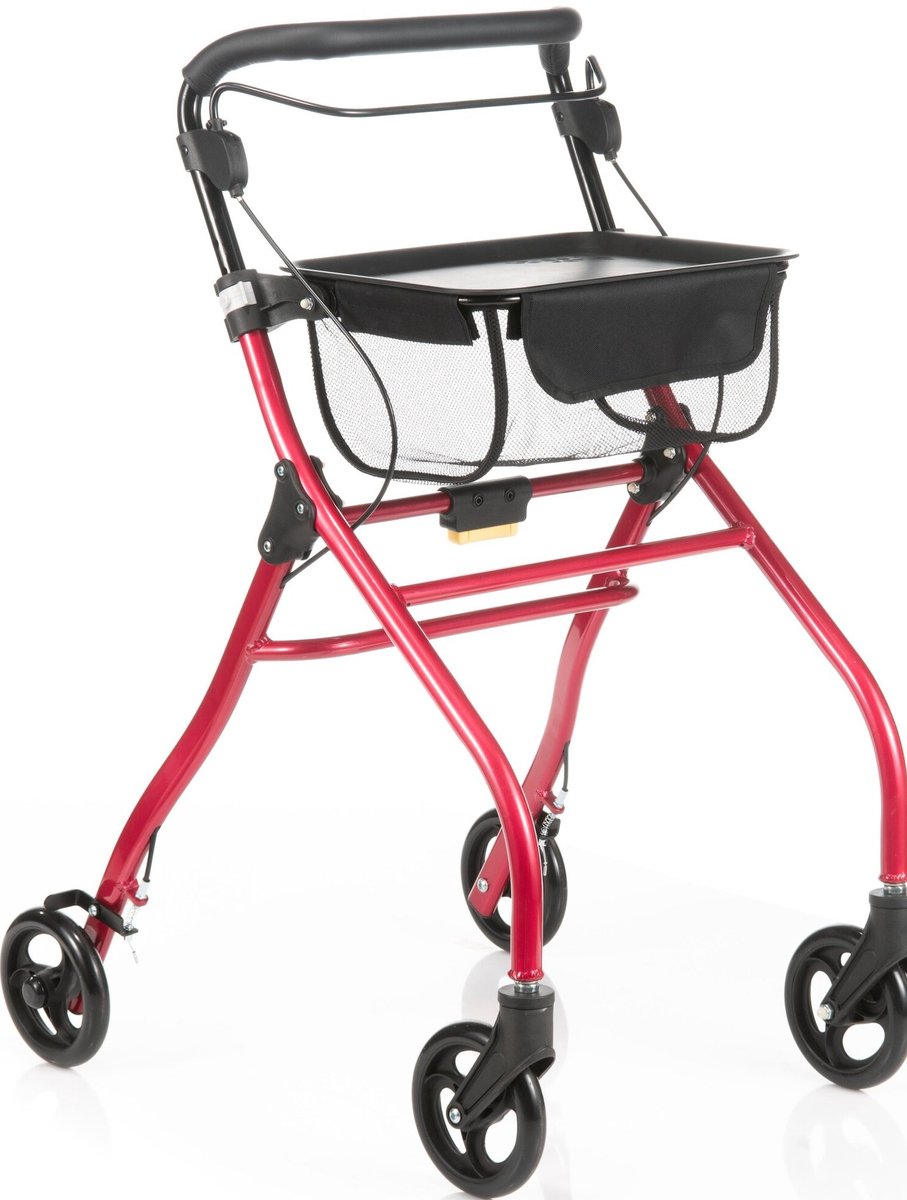 Binnen rollator Plaza Indoor - Inclusief dienblad en opbergnetje - Eenhandig bediening - Betrouwbare remmen - Korte draaicirkel - Opvouwbaar - Compact - Rood