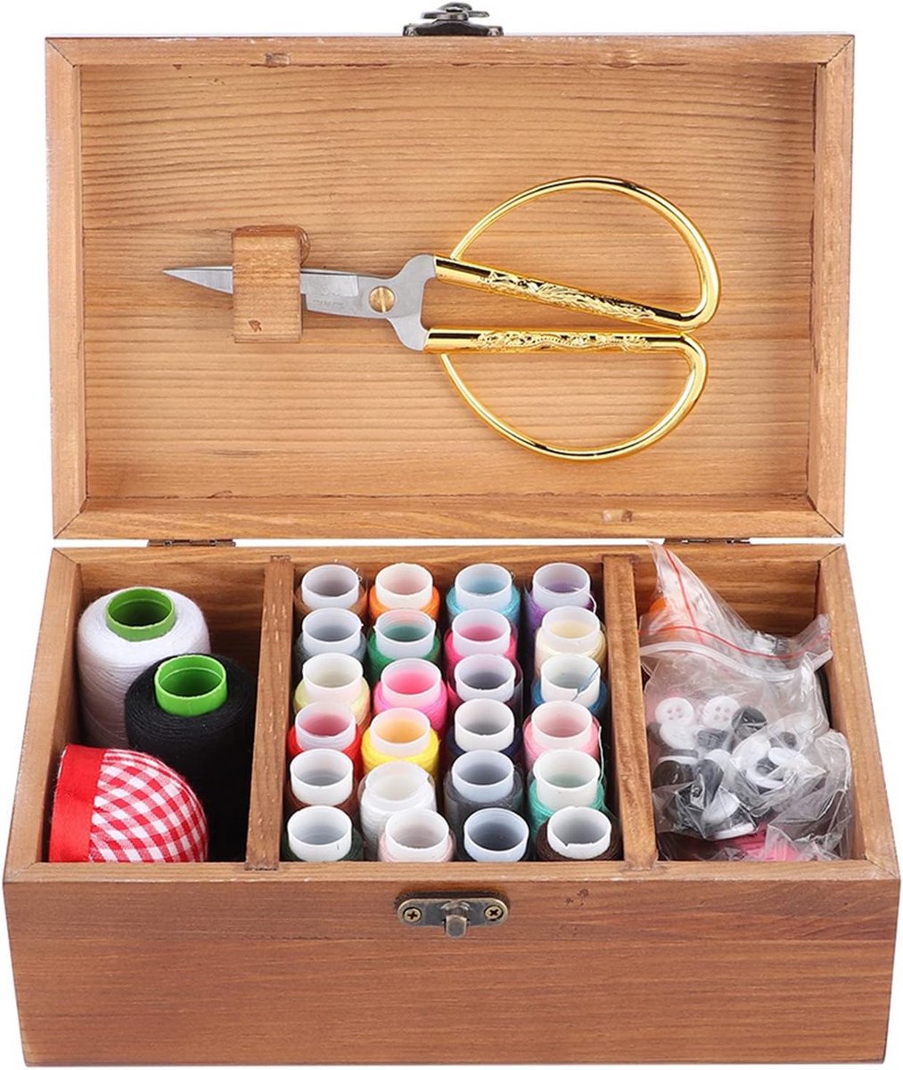 Houten naaibord met opbergvakken en vintage motief - compleet naaisetje inclusief naalden, knopen, spelden en gereedschap