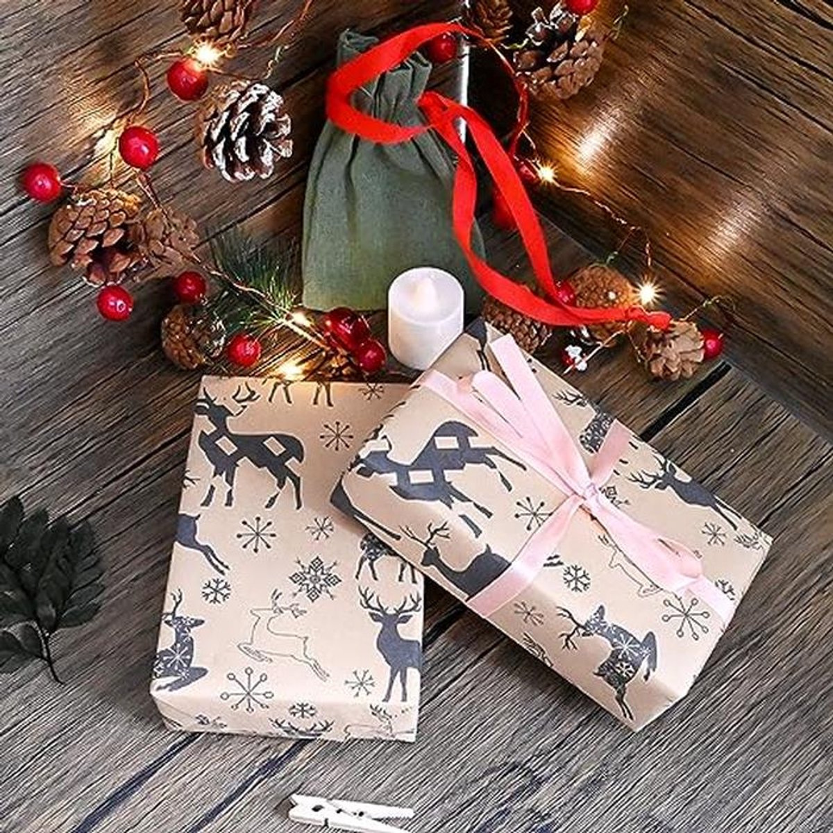 Recyclable Christmas Gift Wrap - 15M Kraft Paper with Navy Blue Elk and Snowflake Design for Holiday Packaging — cadeau in Cadeau-ideeën - foto 3