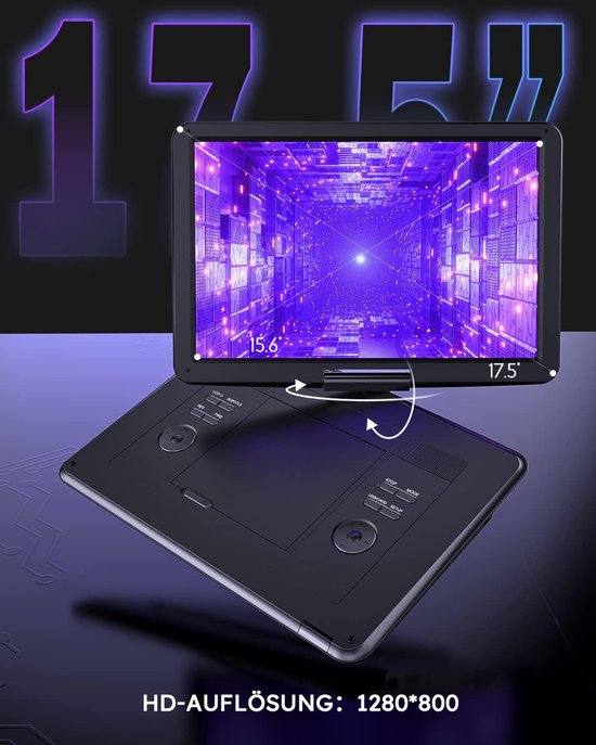 17,5'‘ Draagbare DVD Speler Auto met 15,6’' draaibaar HD-scherm, 6 uur batterijduur, ondersteunt meerdere formaten/SD/USB, tv/projector-synchronisatie, schokbestendig & opslagfunctie, stereoluidsprekers van Boifun — afbeelding 2