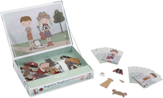 Magnetisch speelbord met kledingstukken en poppetjes van Jim & Rosa, met honden en bomen.