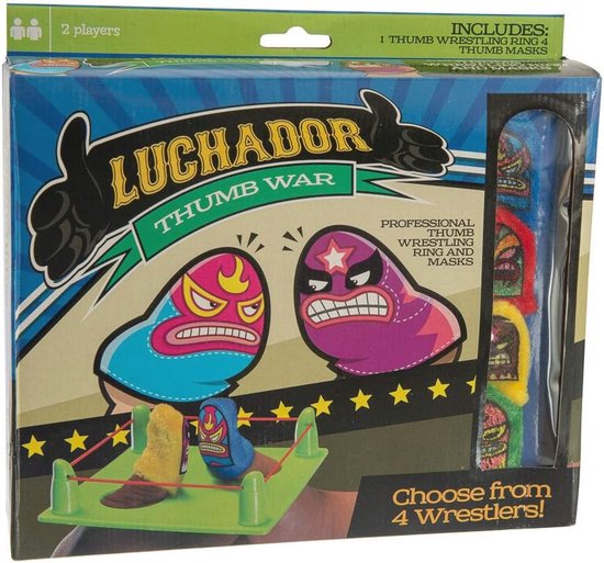Doos van het 'Luchador Thumb War' spel met twee cartoonworstelaars, een worstelring en vier duimmaskers.