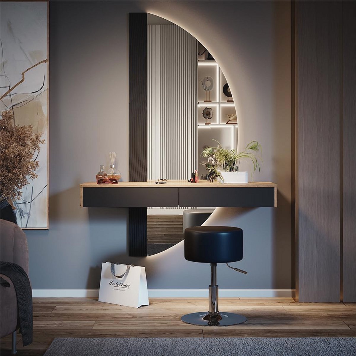 Stijlvolle make-uptafel met verlichting en kruk - 120 cm Eiken/Zwart