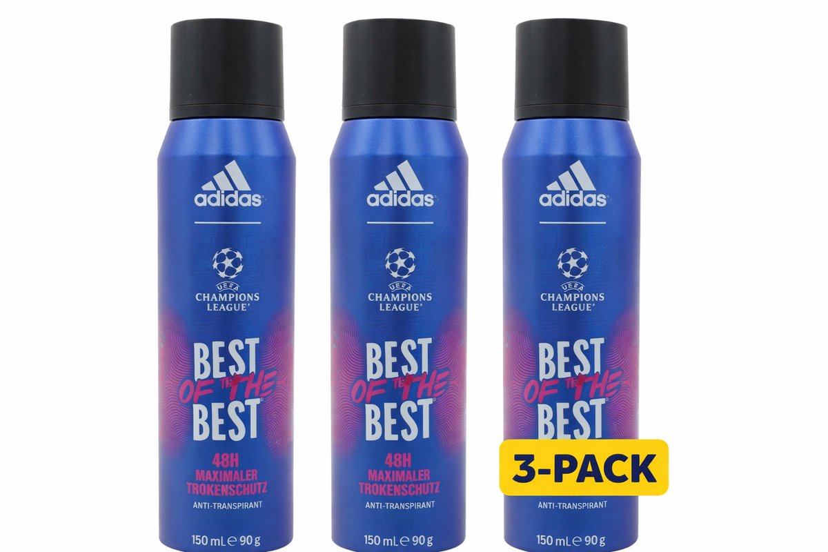 Adidas Champions League Deospray – 3-Pack – 3 × 150 ml – Anti-transpirant – 48u Bescherming – Mannen