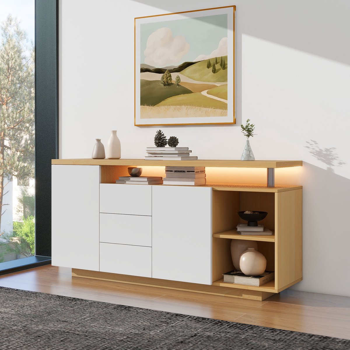 STILVORA Dressoir – Multifunctioneel Met Verstelbare Deuren En LED – 2 Deuren 3 Lades 2 Op