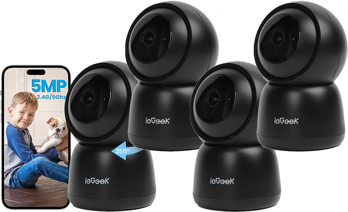 SC1 Pro Camerabewaking - 5MP Ultra HD - Huisdiercamera met app - Beveiligingscamera binnen - Wifi Camera APP - Volgt beweging en geluidsdetectie - Bewakingscamera - 2.4/5 GHz - Zwart - 4 Stuks