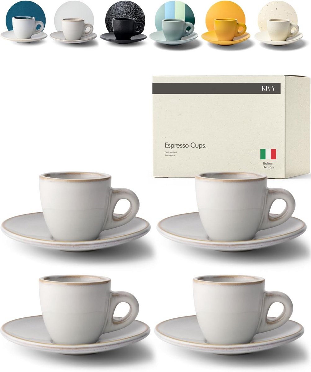 Set van 4 Handgemaakte Espresso Kopjes met Schotel - Duurzaam Steenware - 75 ml