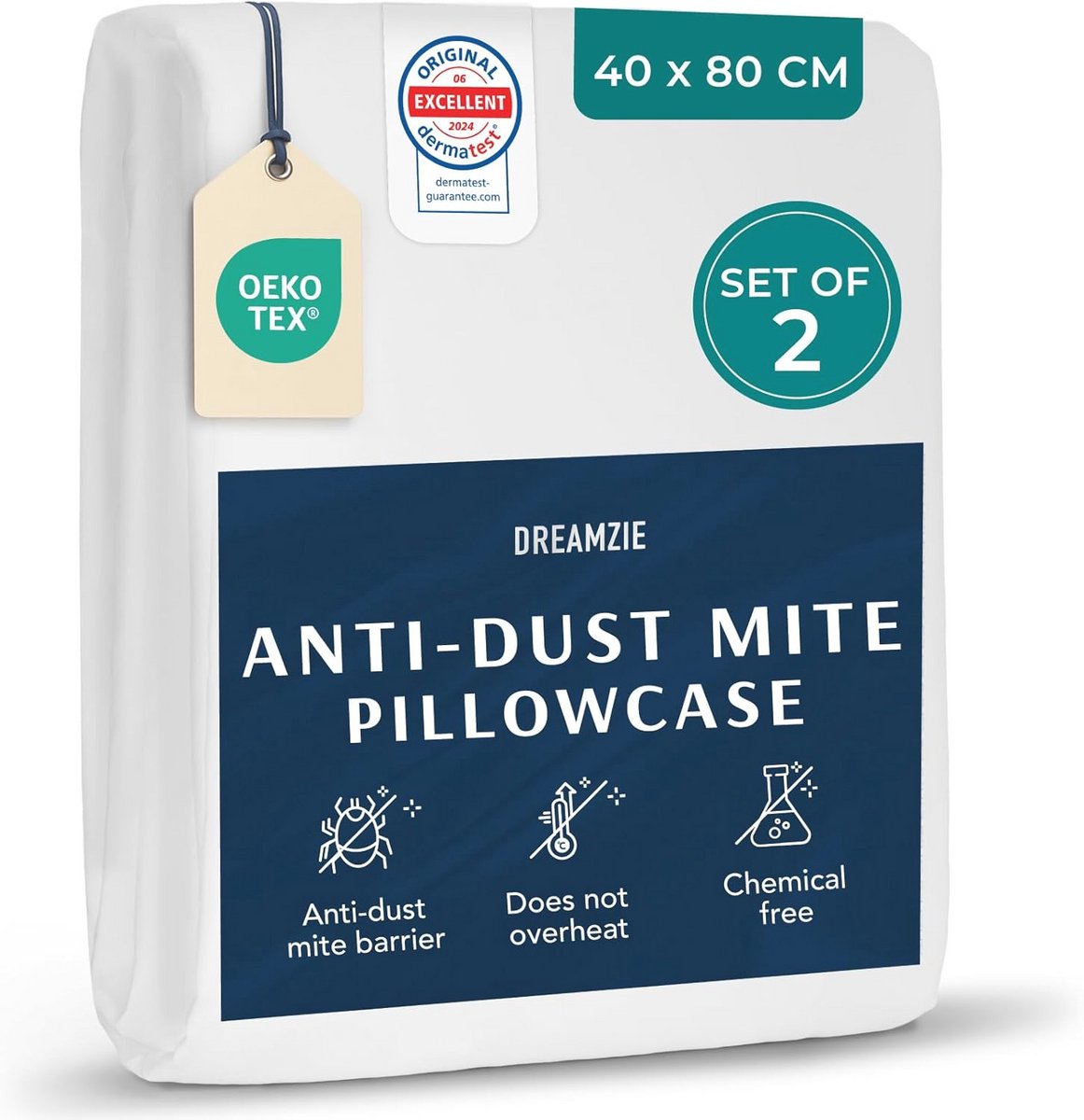 Set van 2 anti-mijtkussenslopen 40x80 cm - Kussenbeschermer voor allergieën - Wasbaar tot 95°C