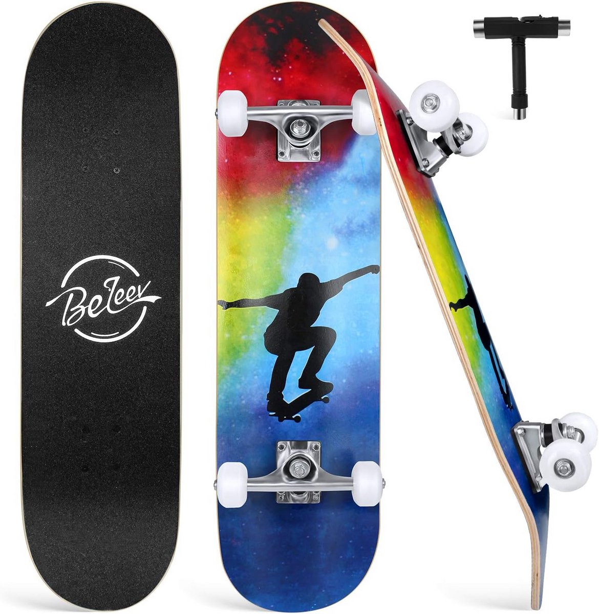 Cruiser Skateboard 80 x 20 cm Compleet voor Kinderen en Volwassenen 7-laags Canadees Esdoorn Double Kick Deck met Skate T-tool
