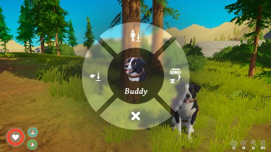 Een border collie met de naam Buddy zit in het gras, met een spelmenu op de voorgrond.